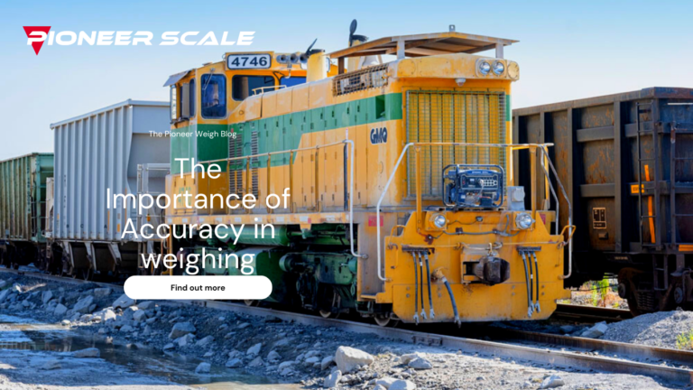 "A powerful railroad engine pulls rock gondola rail cars filled with raw aggregate material at a busy mining operation. In the foreground, several rail cars are positioned on a scale sold and serviced by Pioneer Scale, ready to be weighed. The scale's durable construction and precise measurement capabilities ensure accurate weighing of the aggregate material, which is critical for the mining operation's profitability. In the background, mountains and other mining equipment can be seen, providing a sense of the vastness and ruggedness of the mining operation."